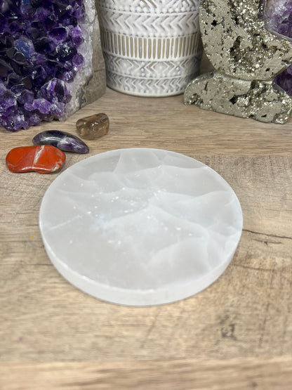 4in. Round Selenite Plate (plain) - Purple Door Alchemy