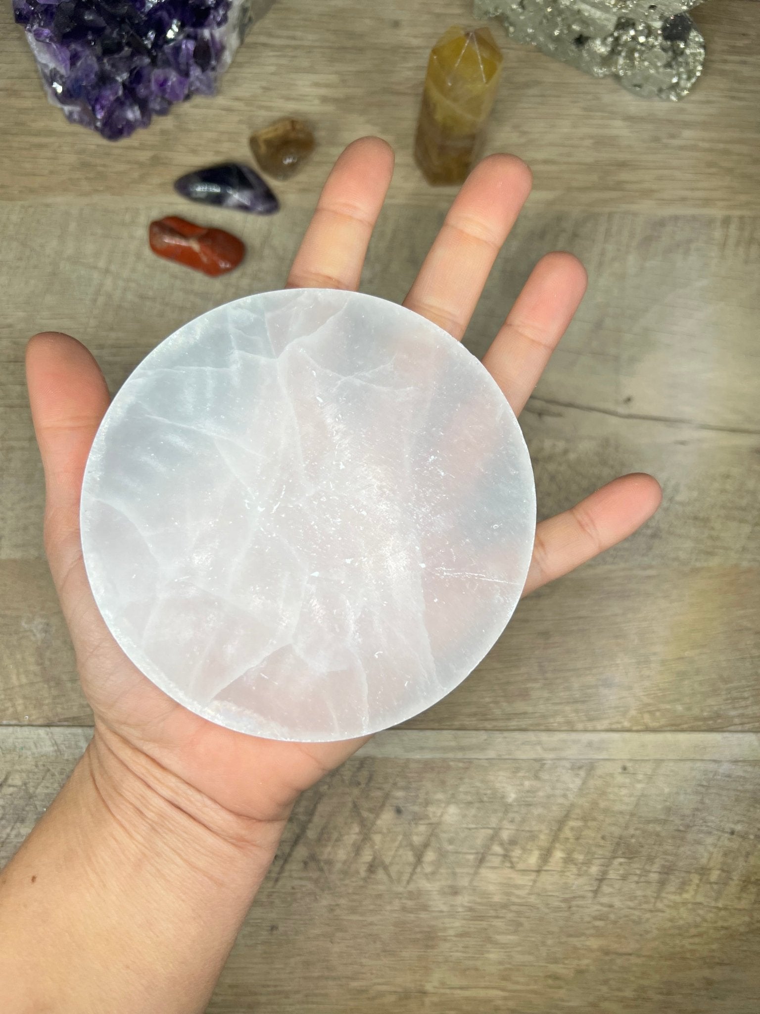 4in. Round Selenite Plate (plain) - Purple Door Alchemy