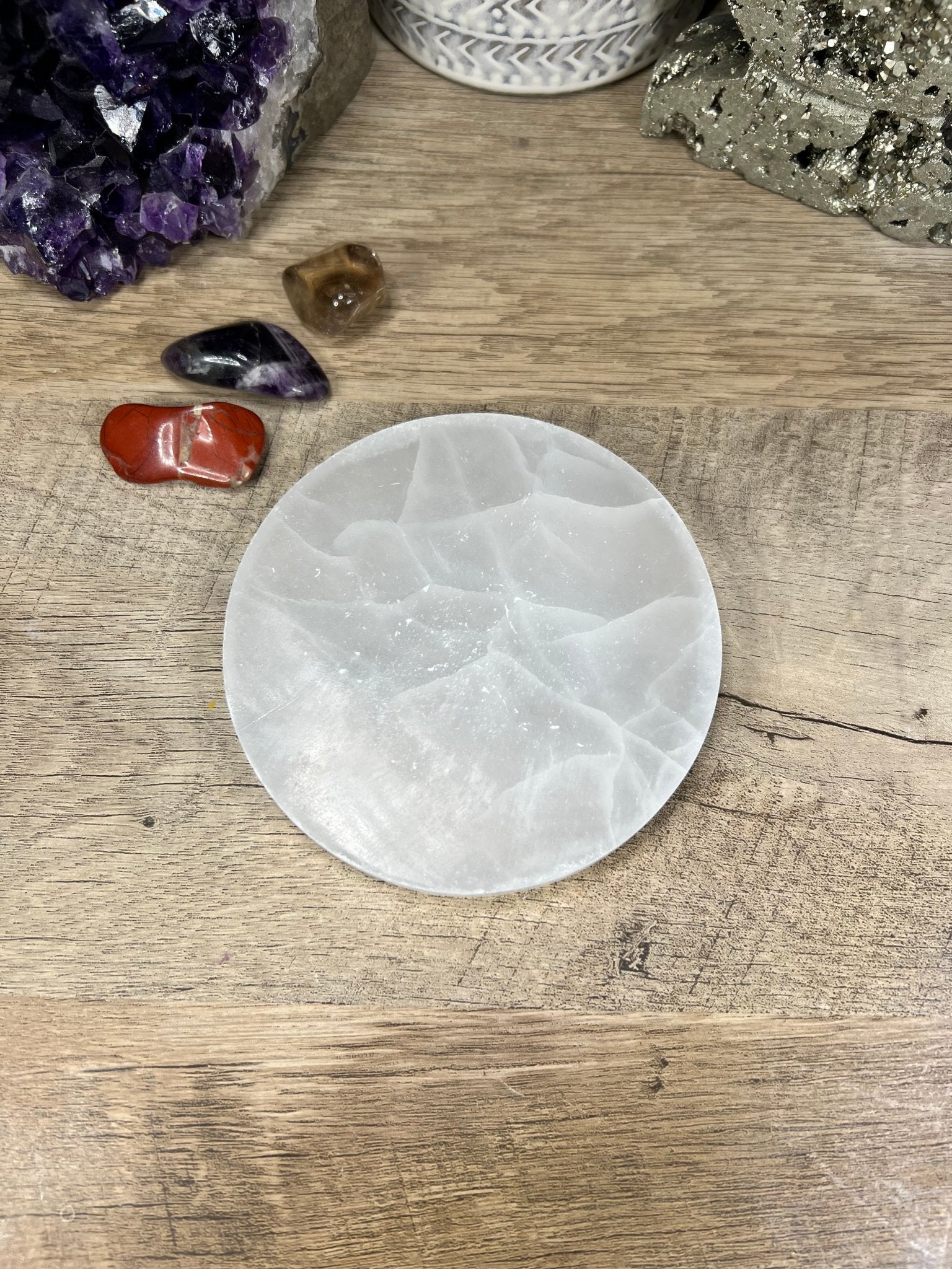 4in. Round Selenite Plate (plain) - Purple Door Alchemy