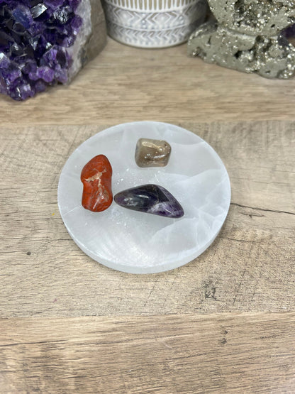 4in. Round Selenite Plate (plain) - Purple Door Alchemy