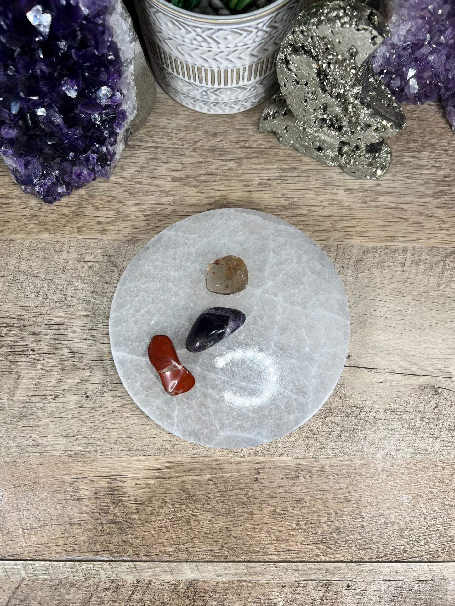 5.75 in. Round Selenite Plate (plain) - Purple Door Alchemy