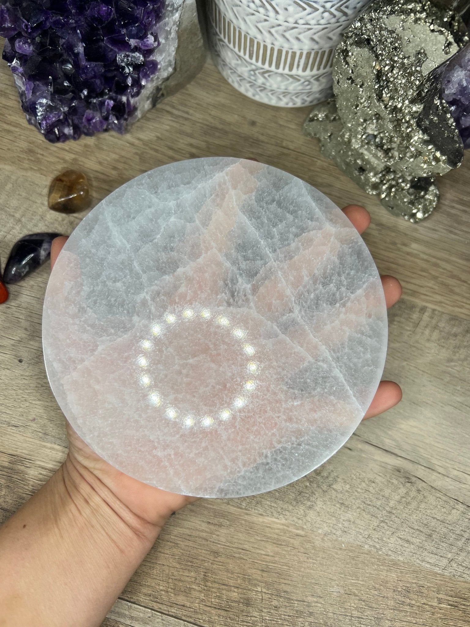 5.75 in. Round Selenite Plate (plain) - Purple Door Alchemy