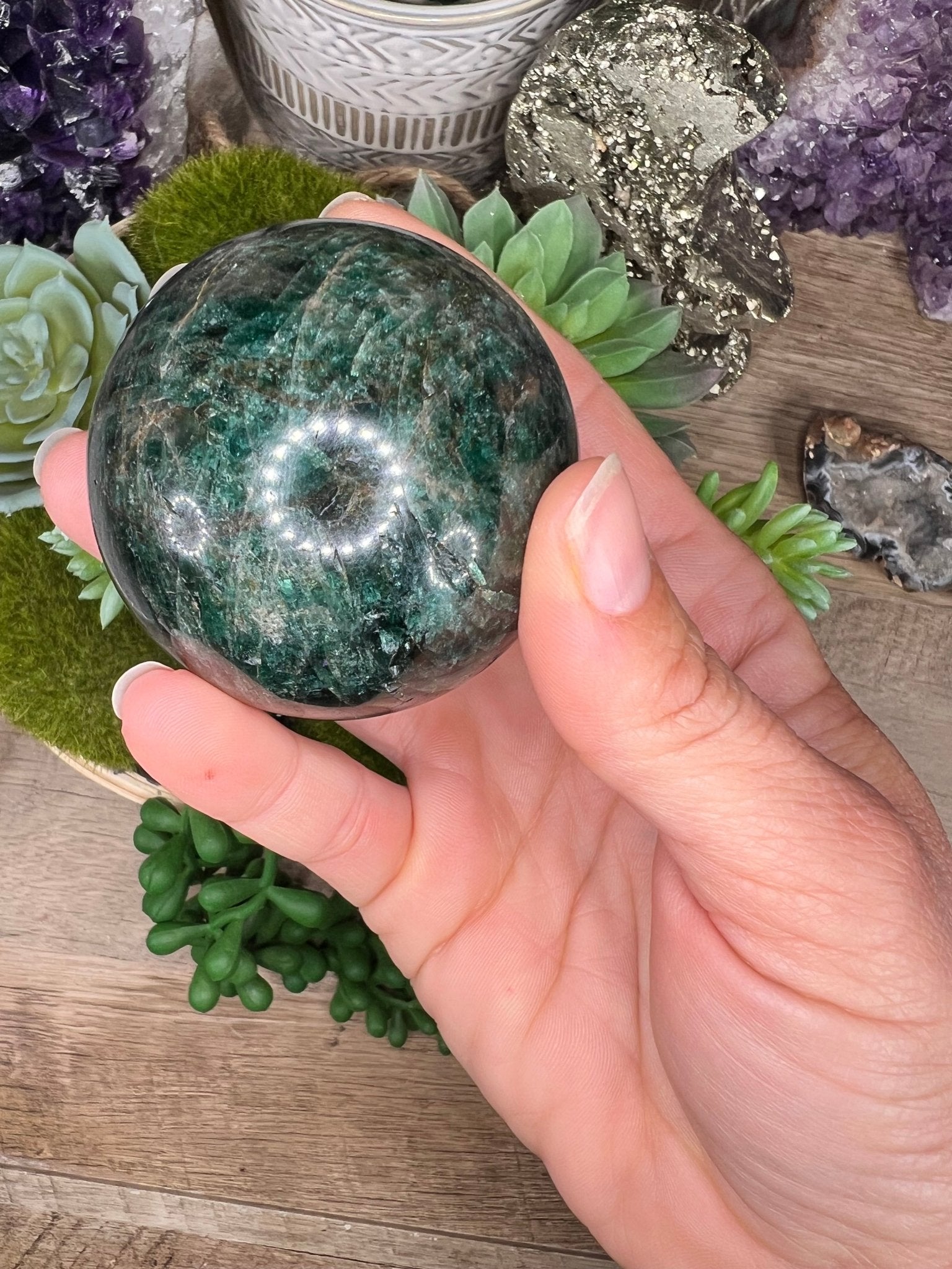 58mm (2.28 inches) Green Apatite Sphere - Purple Door Alchemy