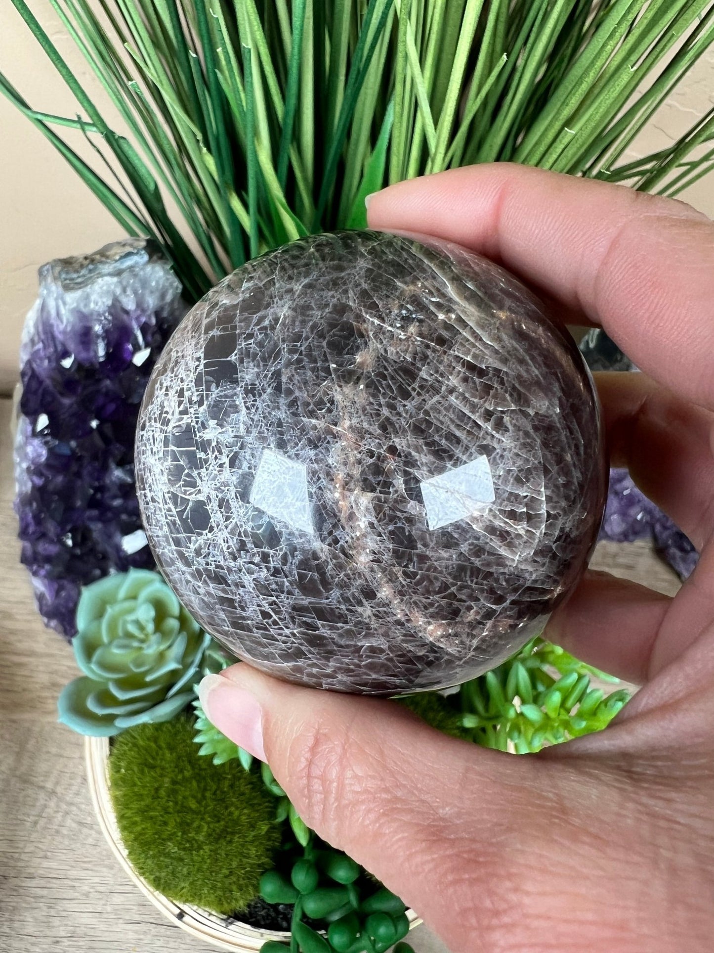 Black Moonstone Sphere 70 mm (2.7 inches) - Purple Door Alchemy