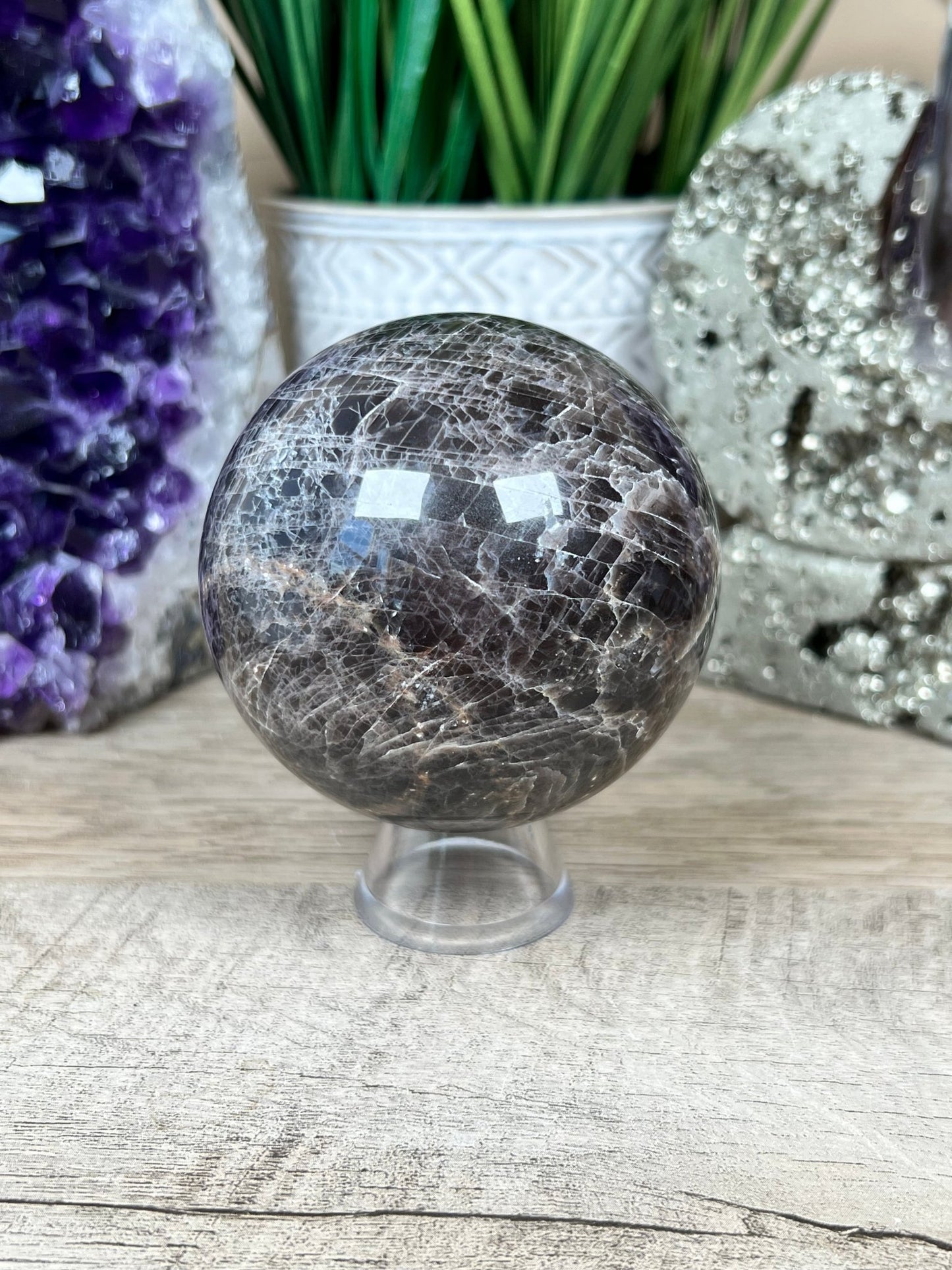 Black Moonstone Sphere 70 mm (2.7 inches) - Purple Door Alchemy