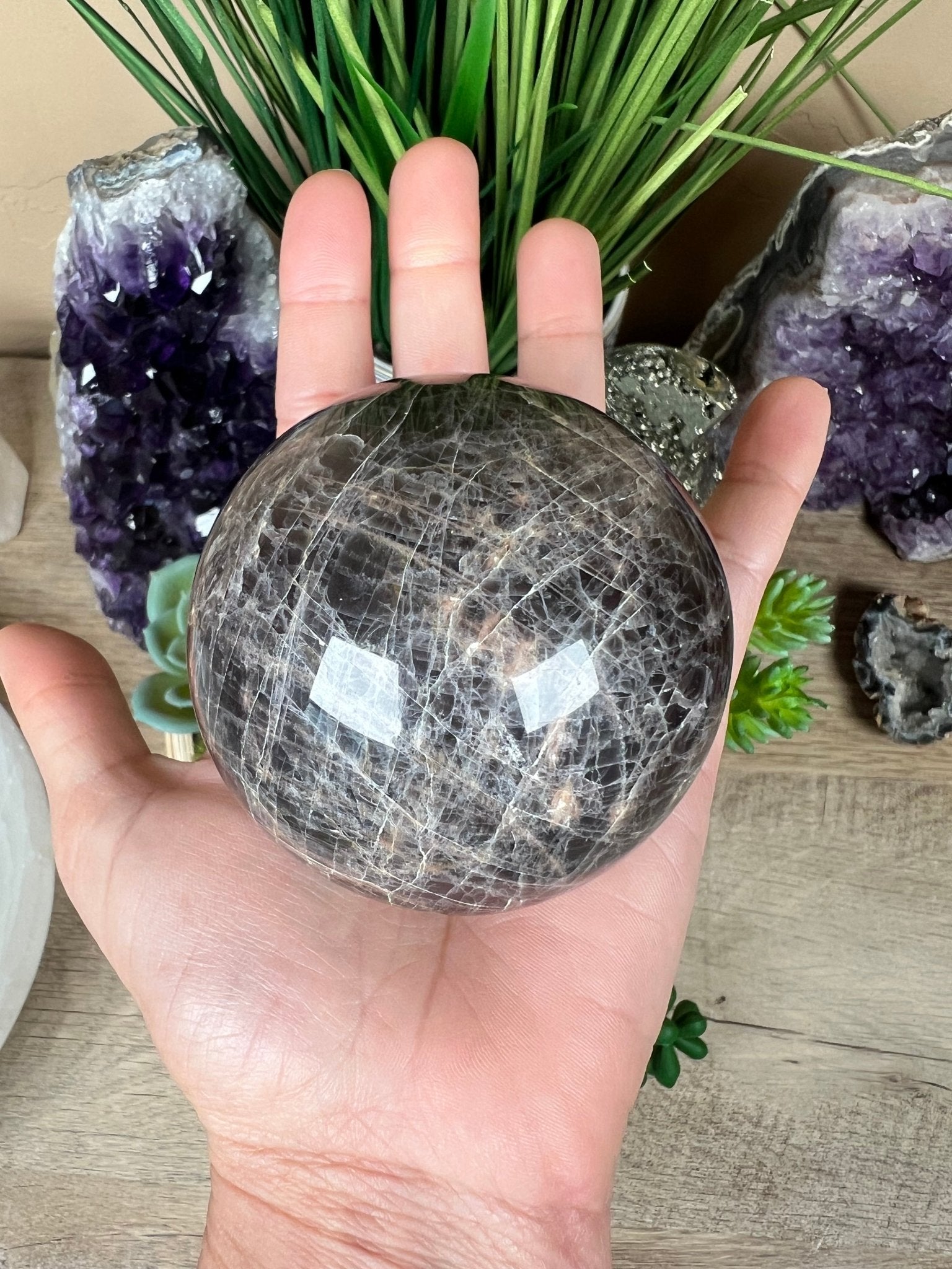 Black Moonstone Sphere 70 mm (2.7 inches) - Purple Door Alchemy