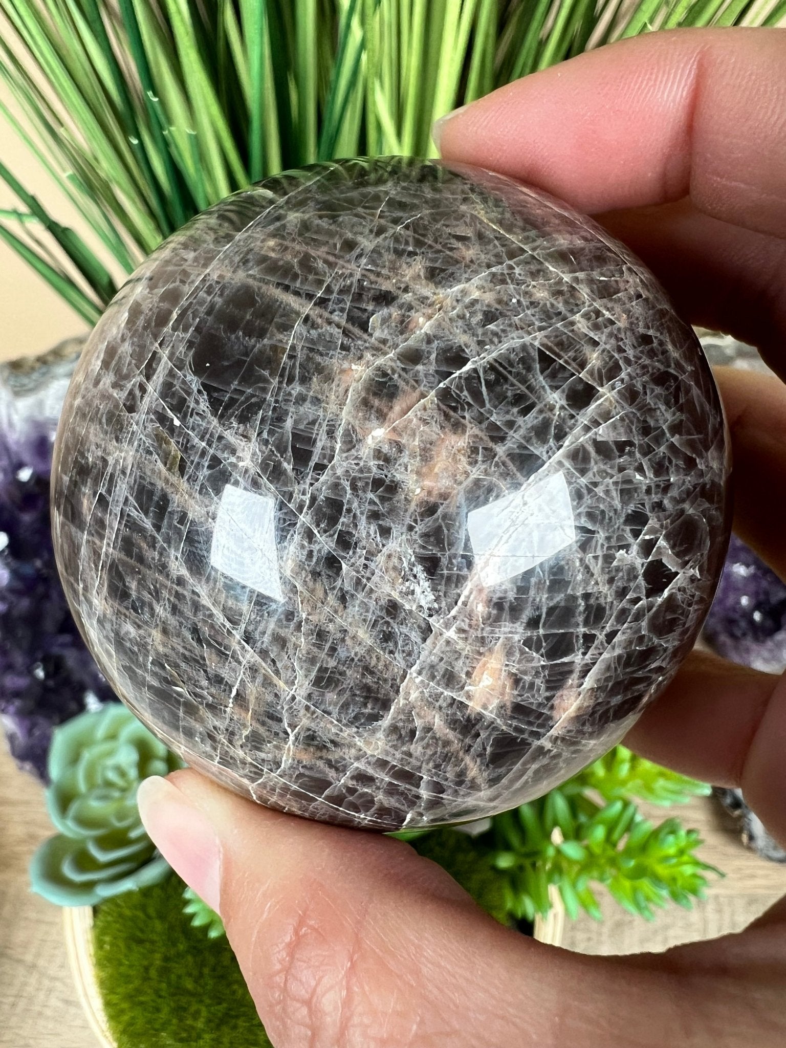 Black Moonstone Sphere 70 mm (2.7 inches) - Purple Door Alchemy