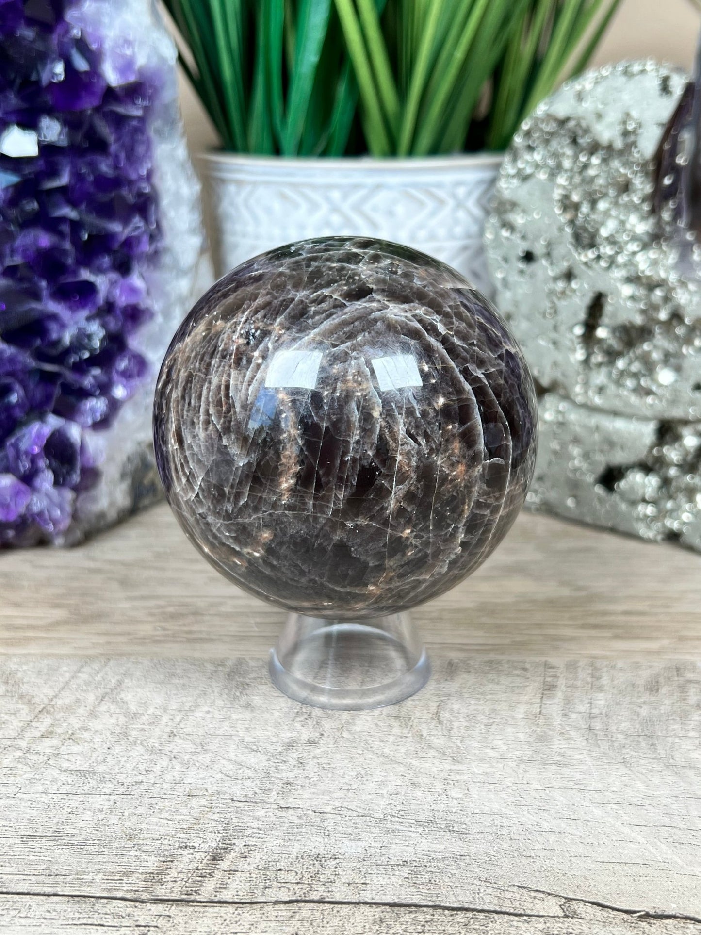 Black Moonstone Sphere 70 mm (2.7 inches) - Purple Door Alchemy