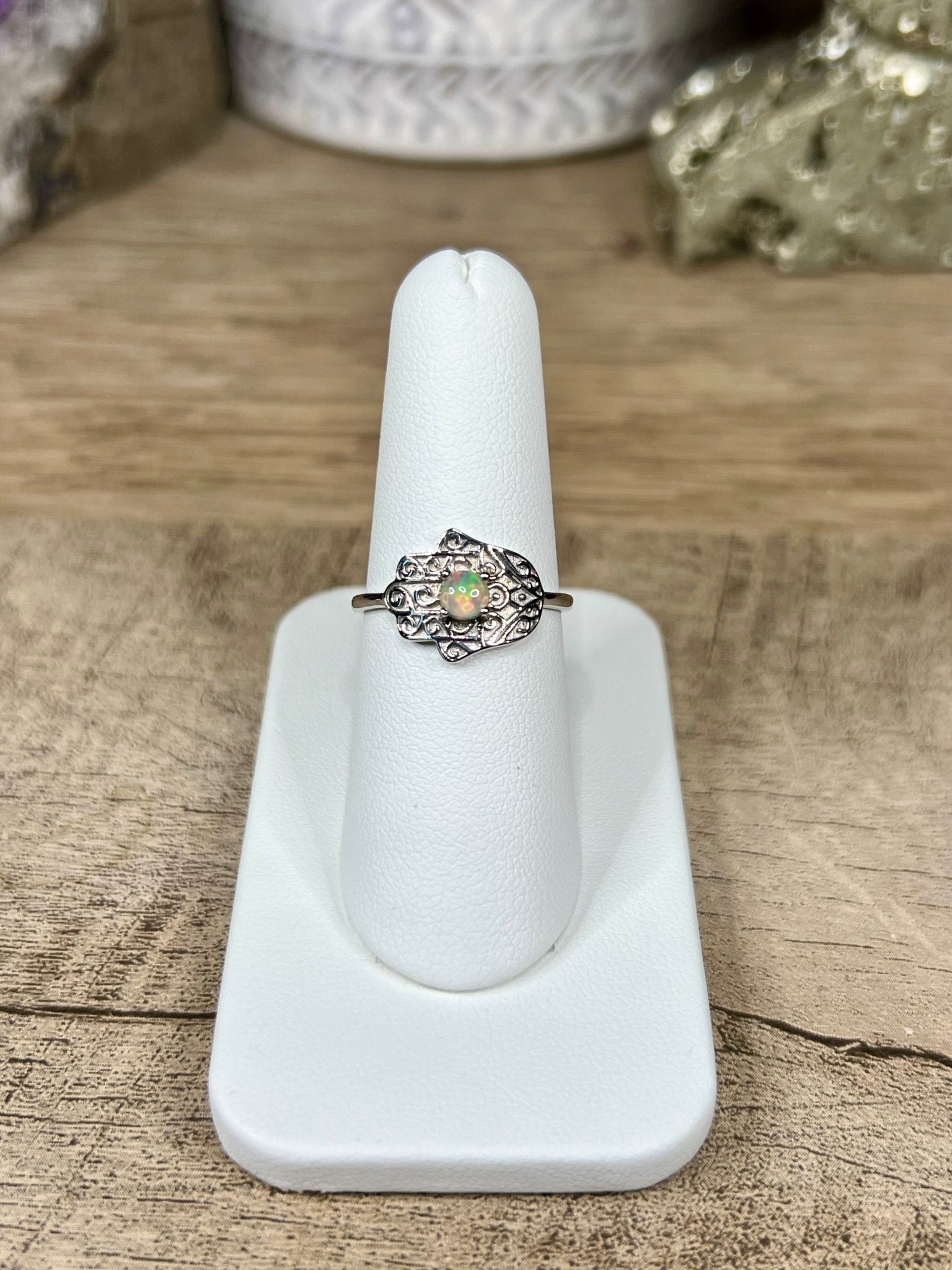 Hamsa Hand Ring with Ethiopian Opal - Purple Door Alchemy