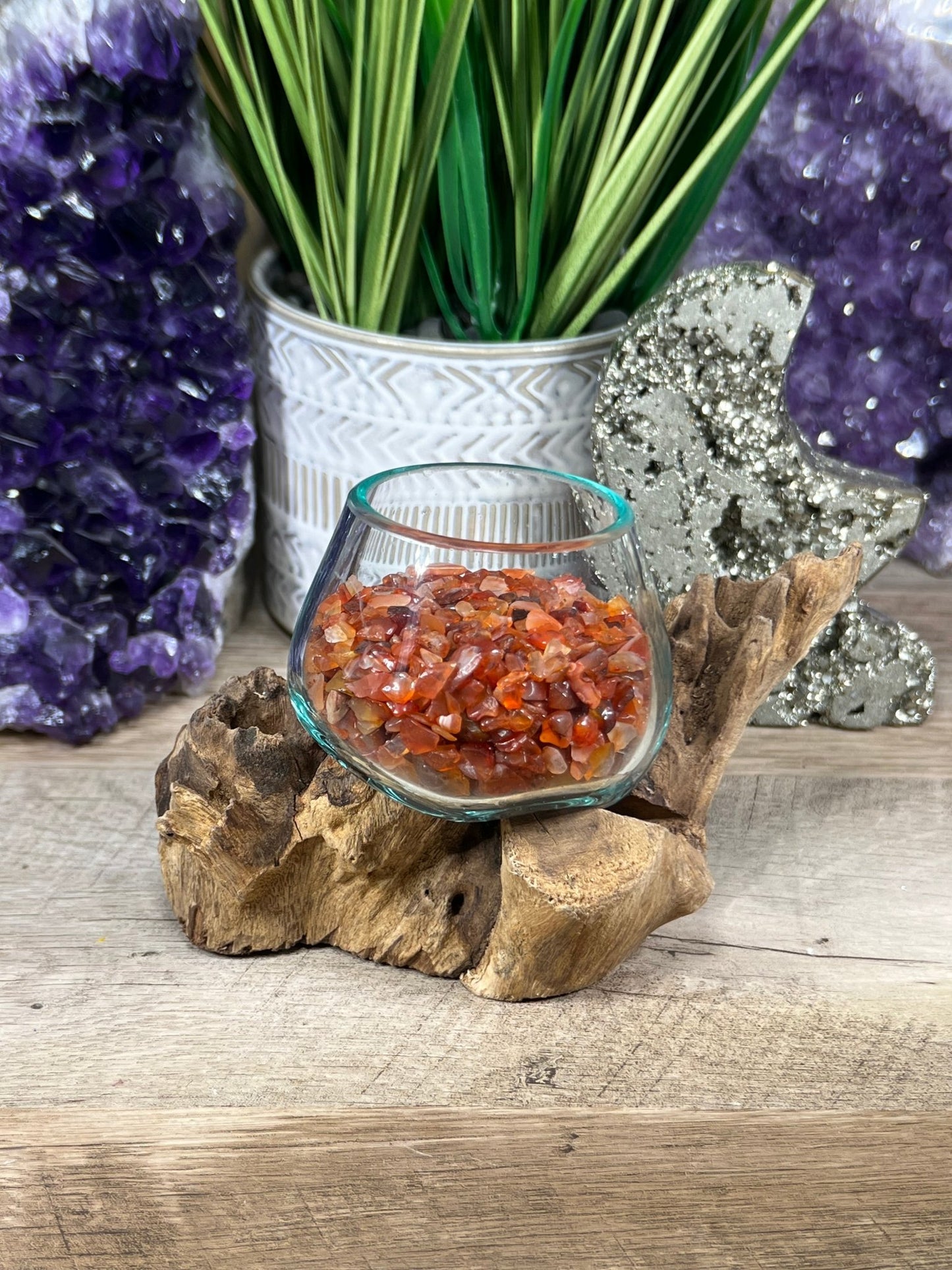 Hand - Blown Glass Harmony Bowl on Driftwood with Crystal Chips - Purple Door Alchemy