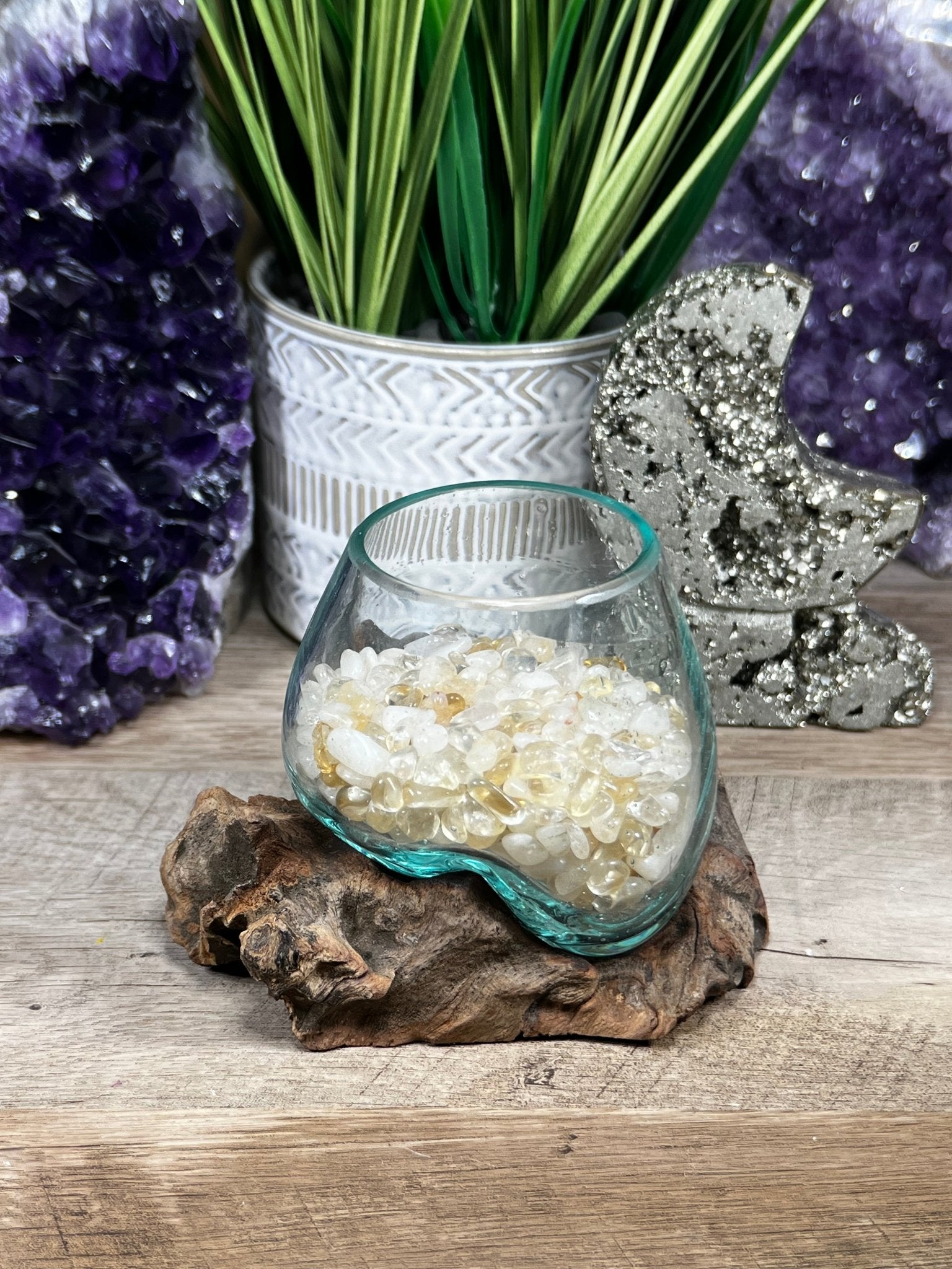 Hand - Blown Glass Harmony Bowl on Driftwood with Crystal Chips - Purple Door Alchemy