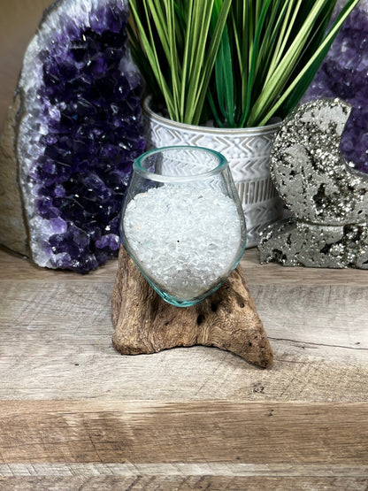 Hand - Blown Glass Harmony Bowl on Driftwood with Crystal Chips - Purple Door Alchemy