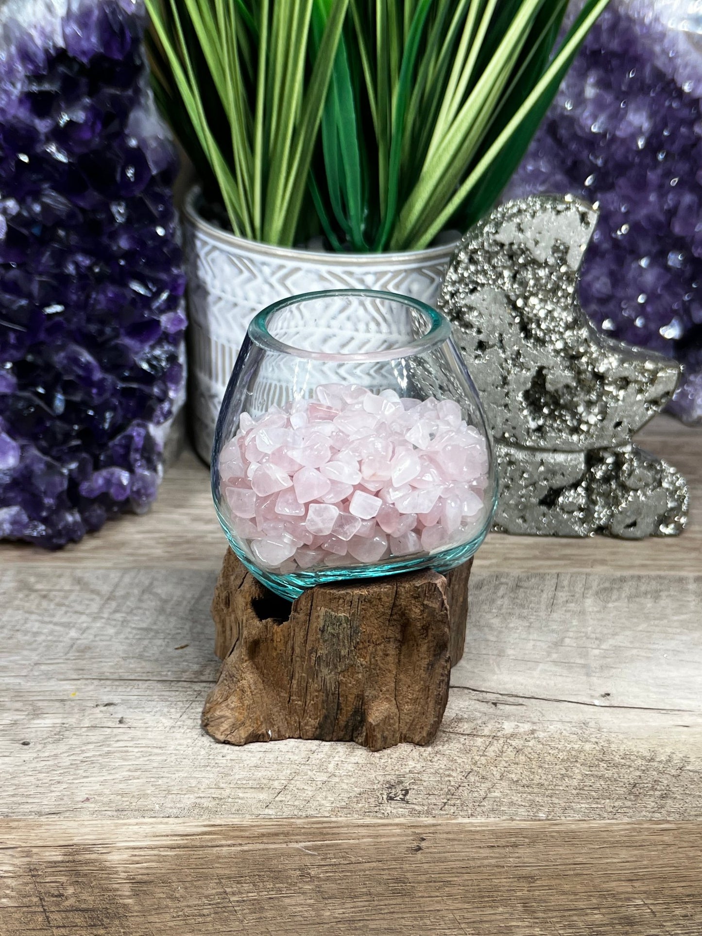 Hand - Blown Glass Harmony Bowl on Driftwood with Crystal Chips - Purple Door Alchemy