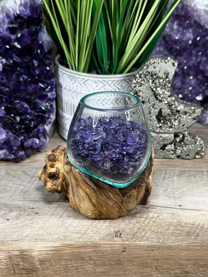 Hand - Blown Glass Harmony Bowl on Driftwood with Crystal Chips - Purple Door Alchemy