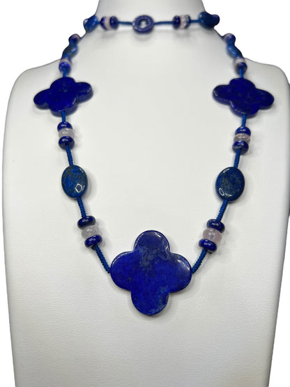 Lapis Lazuli Clover Necklace with Rose Quartz - Purple Door Alchemy