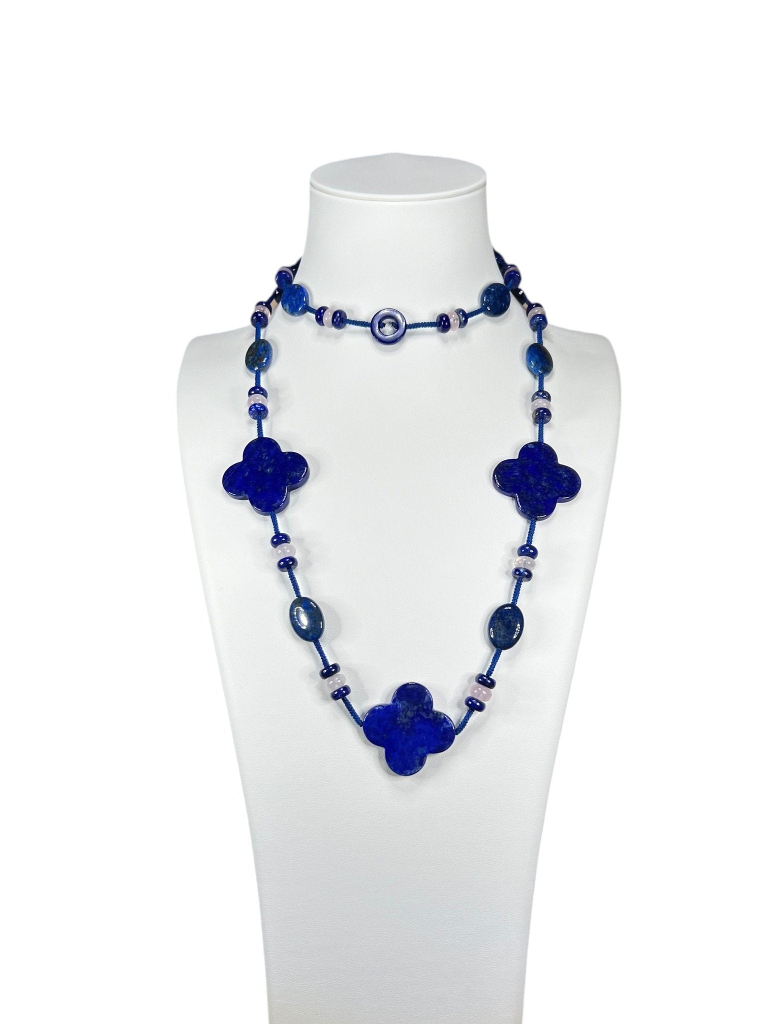 Lapis Lazuli Clover Necklace with Rose Quartz - Purple Door Alchemy