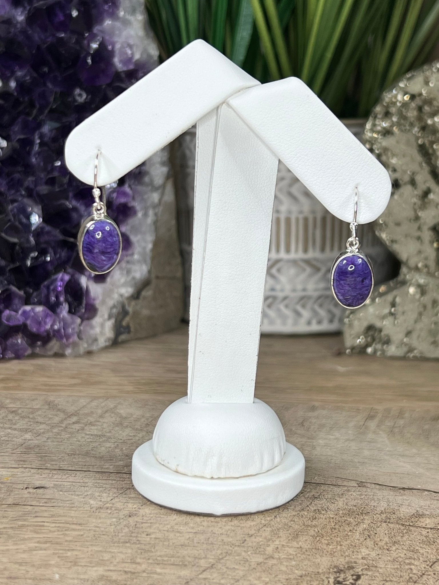 Oval Charoite Dangle Earrings - Purple Door Alchemy